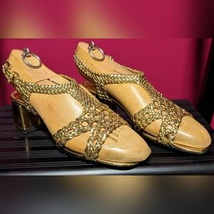 Zara Basics Golden Braided Block Heeled Sandals, size EU 38 (US 7.5-8)